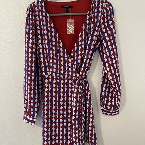 Forever 21 Geometric Red and Blue Long Sleeve Dress